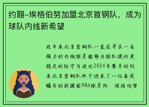 约翾-埃格伯努加盟北京首钢队，成为球队内线新希望