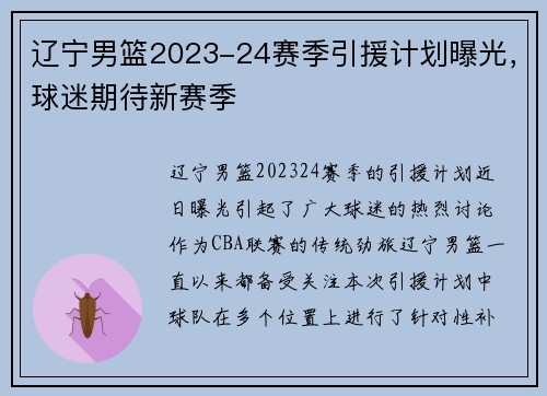 辽宁男篮2023-24赛季引援计划曝光，球迷期待新赛季